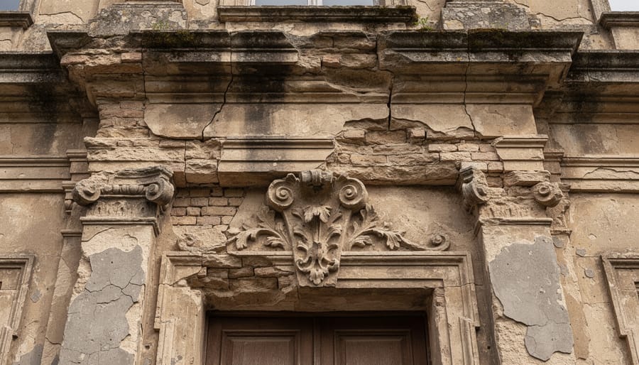 Weathered historic limestone building facade showing cracks and erosion patterns