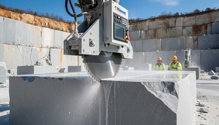 Diamond wire cutting system operating at natural stone quarry showing precision extraction technology