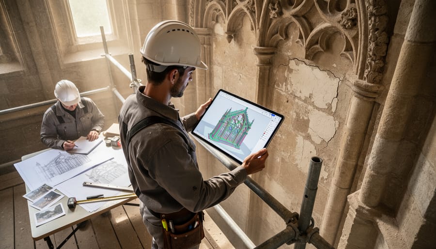 Restoration professional using tablet with 3D model at historic stone building site