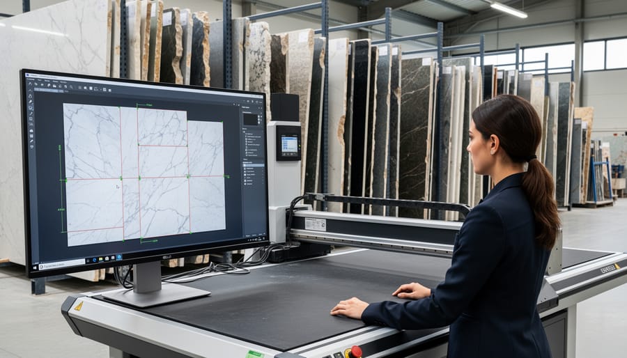 Natural stone slab being digitally scanned with 3D mapping technology in fabrication facility
