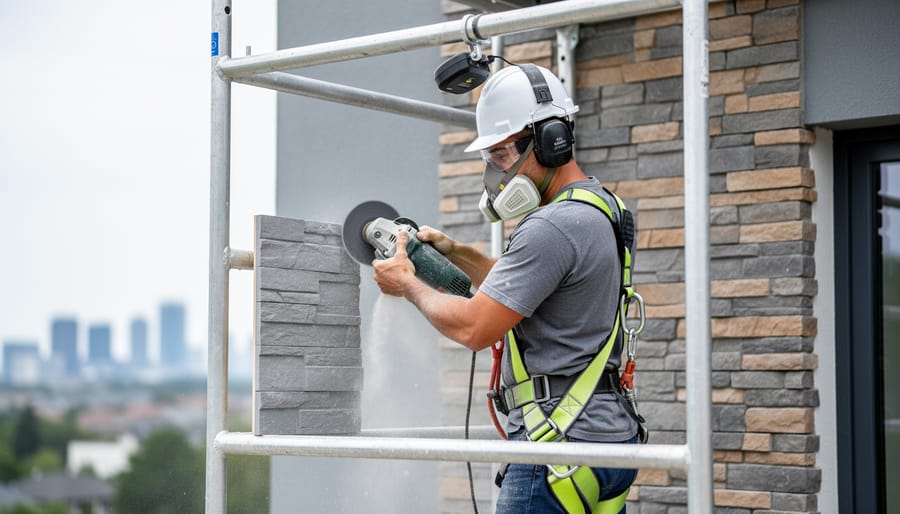 DIY renovator on metal scaffolding cutting a stone veneer panel with a dust-shrouded angle grinder, wearing hard hat, respirator, eye and ear protection, and secured by a full-body harness attached to an overhead self-retracting lifeline, with the house facade softly blurred in the background.