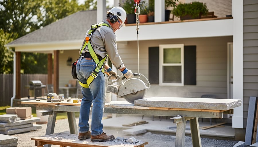 Worker wearing full-body safety harness while working with stone on scaffolding