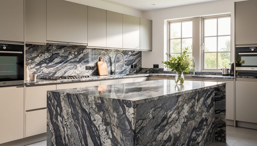 Luxury kitchen island with dramatic black granite countertop featuring bold white and gold veining