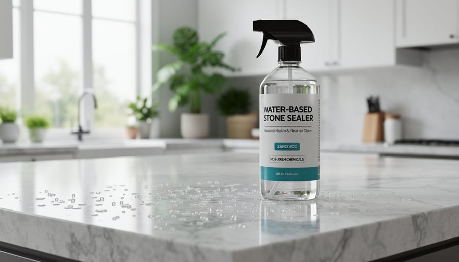 Water beading on sealed natural stone surface with eco-friendly stone sealer products