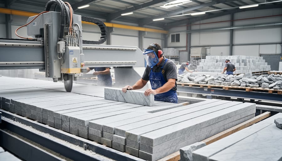 Quarry workers using precision equipment to process natural stone blocks efficiently