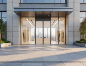 Low-angle view of a modern commercial building entrance with granite and quartzite cladding and stone paver plaza, illuminated by golden hour light, with a glass lobby, planters, and distant skyline in the background.