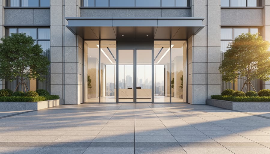 Low-angle view of a modern commercial building entrance with granite and quartzite cladding and stone paver plaza, illuminated by golden hour light, with a glass lobby, planters, and distant skyline in the background.