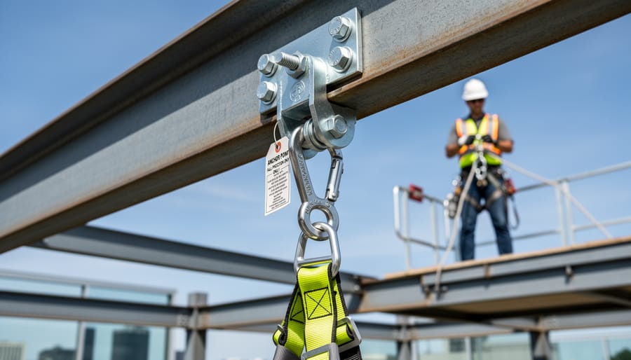 Fall protection anchor point mounted to structural beam in workshop