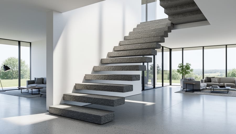 Modern floating staircase with cantilevered marble treads emerging from stone wall