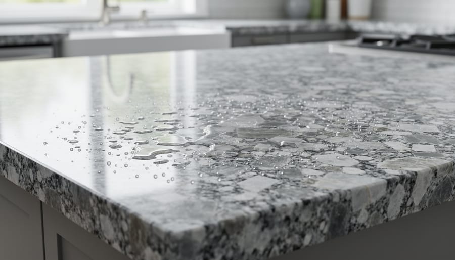 Close-up macro view of granite countertop surface showing natural mineral patterns and water-resistant sealed surface