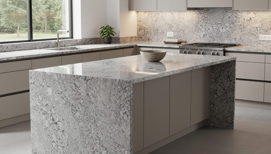 Close-up of waterfall edge granite countertop showing leathered finish texture