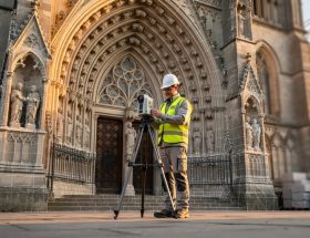 Conservation professional scanning a weathered stone cathedral facade with a tripod laser scanner, semi-transparent 3D mesh overlay showing the digital twin, golden hour side lighting, blurred scaffolding in the background