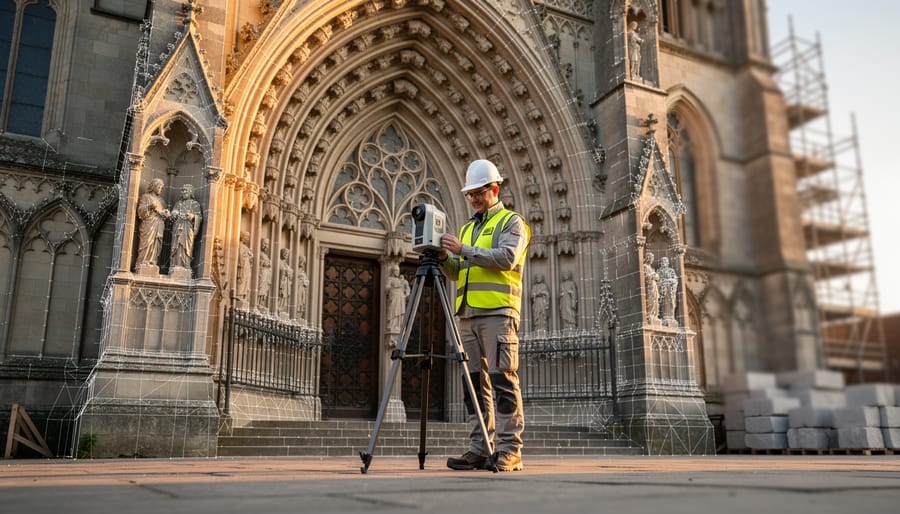 Conservation professional scanning a weathered stone cathedral facade with a tripod laser scanner, semi-transparent 3D mesh overlay showing the digital twin, golden hour side lighting, blurred scaffolding in the background