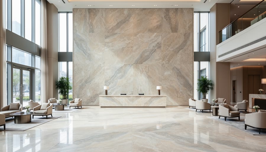Limestone feature wall with lighting in upscale hotel lobby interior
