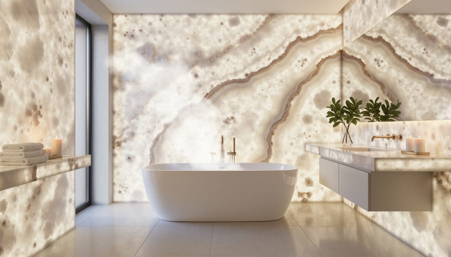 Illuminated agate stone bathroom vanity with blue and purple crystalline patterns and LED backlighting