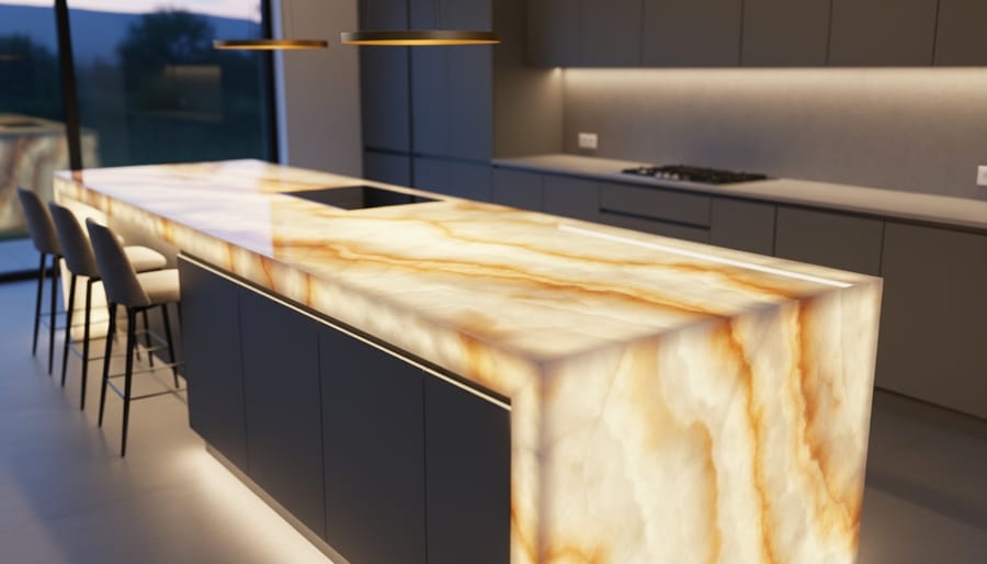 Backlit translucent onyx kitchen island countertop glowing with warm amber veining, photographed at a 45-degree angle in a sleek modern kitchen with blurred cabinetry, pendant lights, and bar stools in the background.