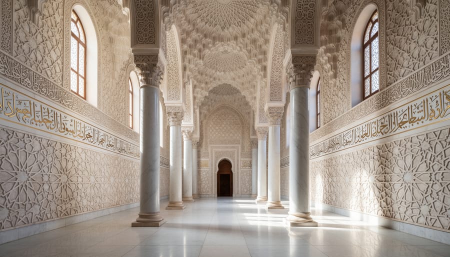 Ornate marble arches with geometric patterns inside Islamic mosque