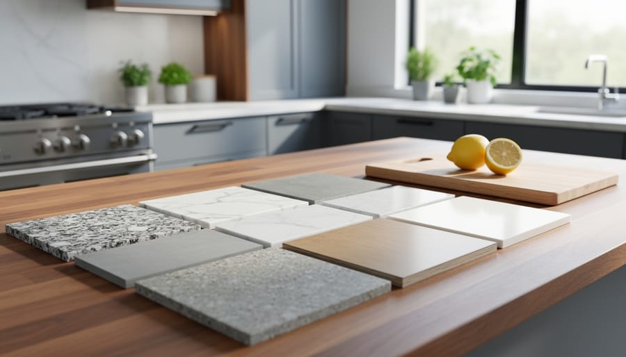 Assorted countertop samples—granite, quartz, marble, quartzite, concrete, laminate, and solid surface—arranged on a modern kitchen island beside a butcher-block section, lit by soft natural daylight, with stainless appliances and potted herbs softly blurred in the background.