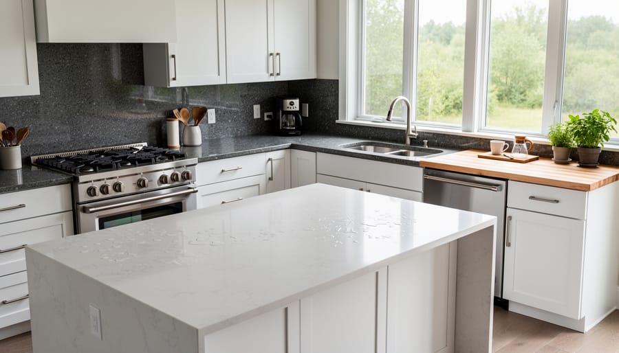 Luxury kitchen interior showing multiple countertop materials including natural stone and engineered surfaces