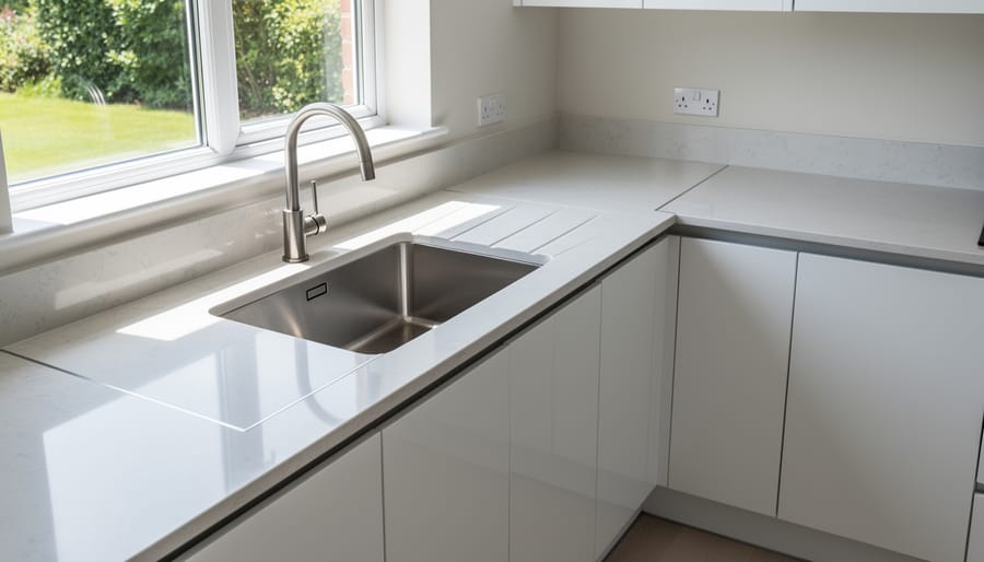 Overhead view of L-shaped kitchen with quartz countertops showing strategic seam placement