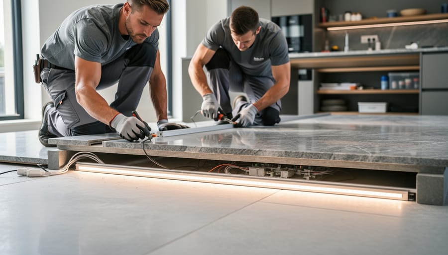 Stone fabricator installing LED lighting panel beneath translucent marble countertop slab