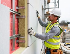 Mason installing a limestone rainscreen panel onto thermally broken stainless steel brackets over mineral wool continuous insulation and a red fluid-applied air barrier, with scaffolding and stacked stone softly blurred in the background