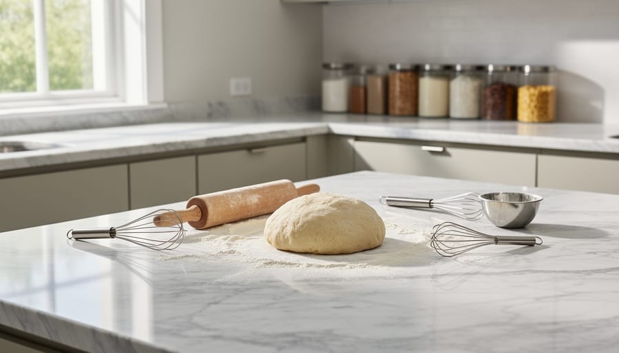 White marble countertop with gray veining shown as baking surface with pastries and baking tools