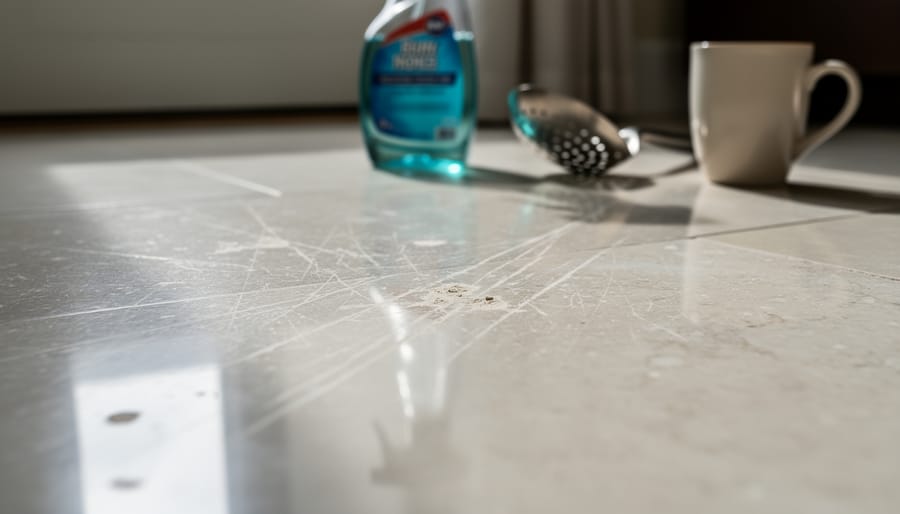 Close-up of damaged marble floor showing scratches and etch marks from daily wear