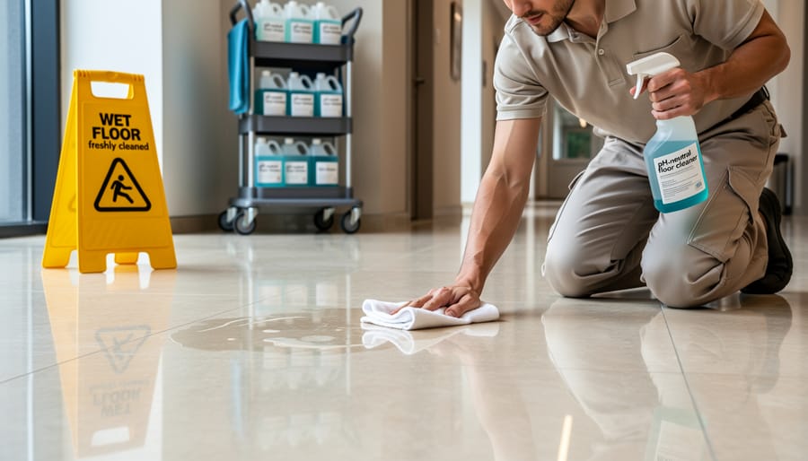 Person in rubber gloves carefully cleaning marble floor with specialized products