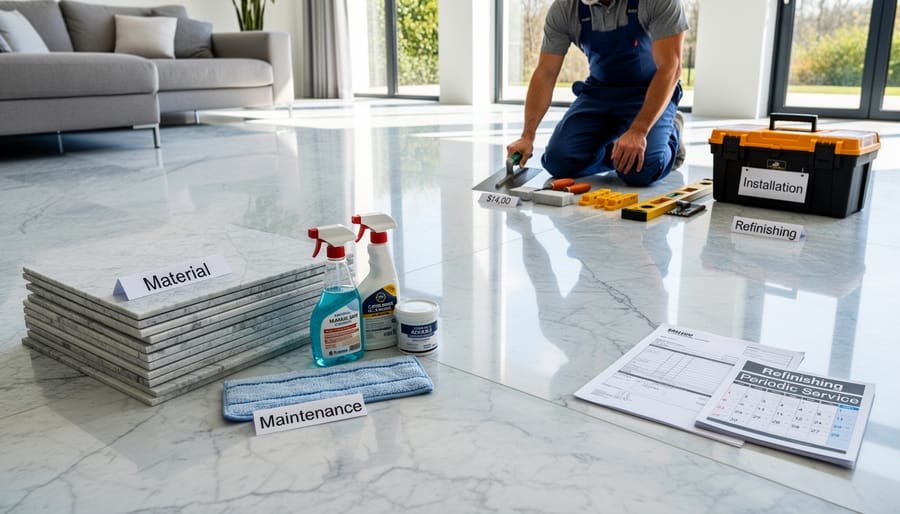 Invoice papers and calculator on marble surface showing flooring installation costs
