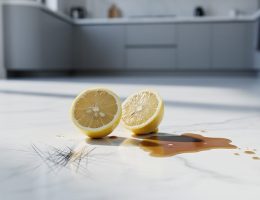 Close-up of polished white marble floor with a visible etched dull spot and fine scratches highlighted by side light next to a spilled coffee and lemon slice, with a blurred modern kitchen in the background.