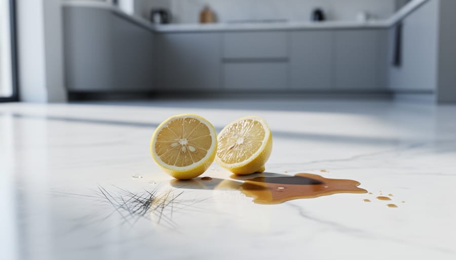 Close-up of polished white marble floor with a visible etched dull spot and fine scratches highlighted by side light next to a spilled coffee and lemon slice, with a blurred modern kitchen in the background.