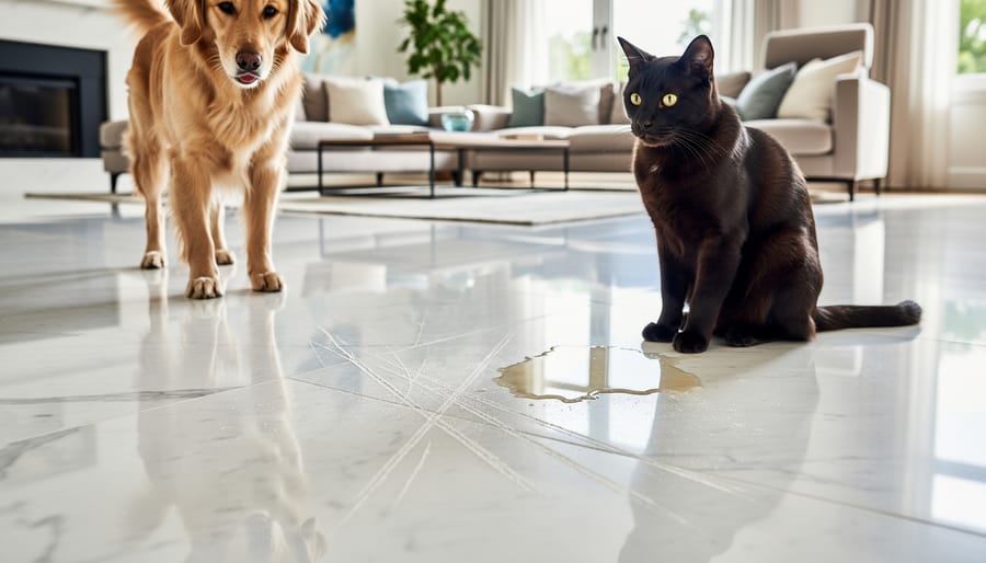 Dog standing on marble floor with toys showing the challenges of marble in pet-friendly homes
