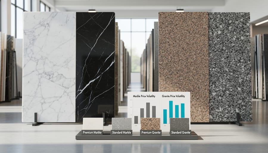 Luxury kitchen featuring white marble and dark granite countertops showing contrasting natural stone materials