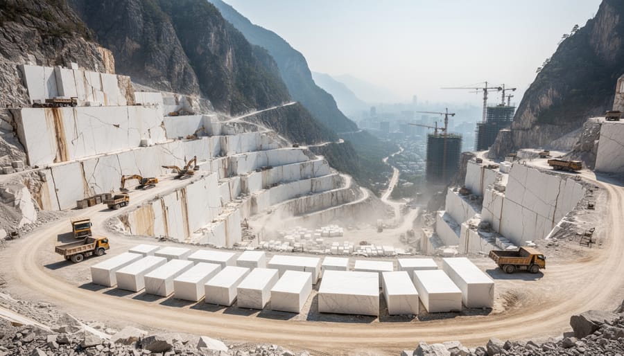 Active marble quarry showing terraced extraction operations on mountainside with equipment and exposed stone