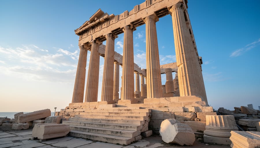 Ancient white marble temple columns photographed against blue sky