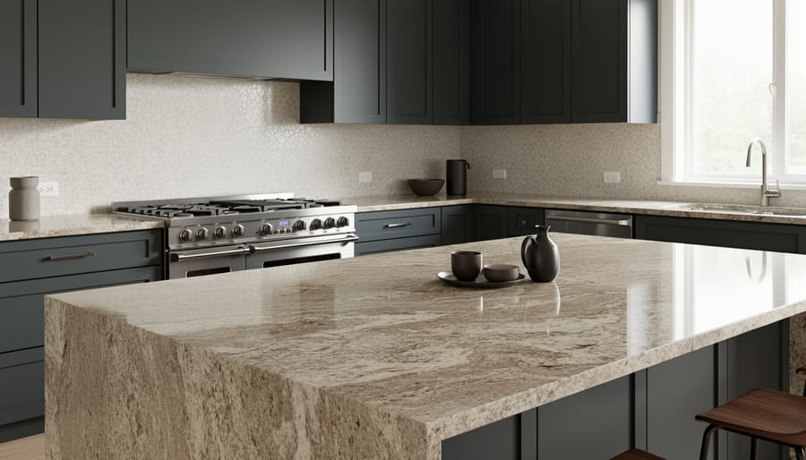 Contemporary kitchen with a large warm neutral granite island slab showing an eased edge, matte charcoal cabinets, stainless range, and a subtle engineered tile backsplash under soft natural daylight.