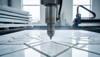 Close-up of a waterjet cutting nozzle precisely cutting a geometric pattern into a white marble slab, water spray visible, with stacked stone slabs and a CNC arm blurred in the background of a bright workshop.