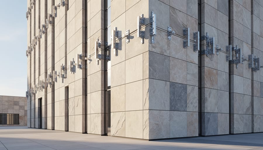 Contemporary limestone building facade with visible geometric pattern and metal fastening system