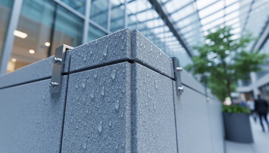 Low-angle close-up of thin granite facade panels with water droplets beading on the surface, showing hydrophobic treatment and precise mounting; blurred glass atrium, greenery, and pedestrians in the background