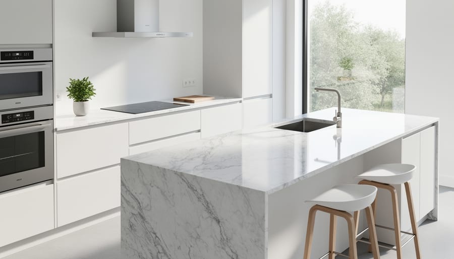 White granite countertop with gray veining in modern kitchen setting