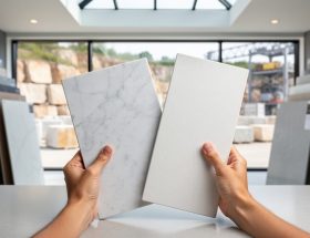 Designer hands hold Carrara marble and engineered quartz samples on a countertop in a modern material library, with blurred stone slab racks and a quarry yard visible through a window in soft daylight.