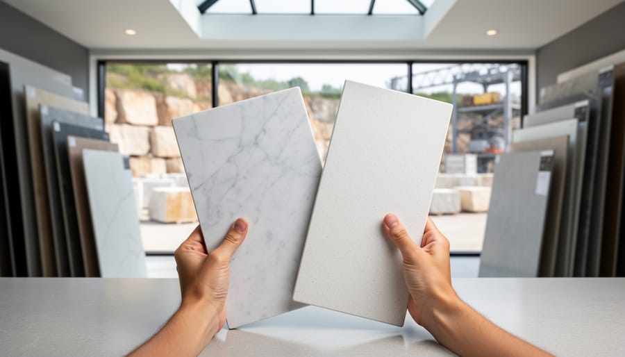 Designer hands hold Carrara marble and engineered quartz samples on a countertop in a modern material library, with blurred stone slab racks and a quarry yard visible through a window in soft daylight.