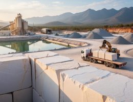 Eye-level view of a natural stone quarry with large cut limestone blocks in the foreground, a truck loading slabs, and a distant processing facility with water-settling ponds and recycled aggregate piles under warm evening light, mountains beyond.