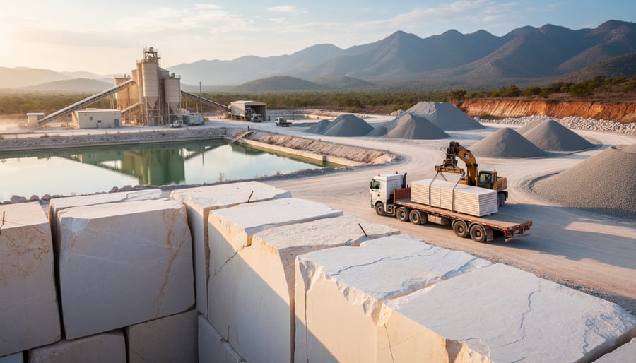 Eye-level view of a natural stone quarry with large cut limestone blocks in the foreground, a truck loading slabs, and a distant processing facility with water-settling ponds and recycled aggregate piles under warm evening light, mountains beyond.