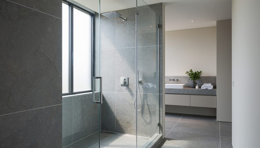 Modern walk-in shower with large-format quartzite or slate walls, minimal grout seams, frameless glass, and a rainfall showerhead, softly lit by natural daylight with a minimalist vanity and white towels in the background.