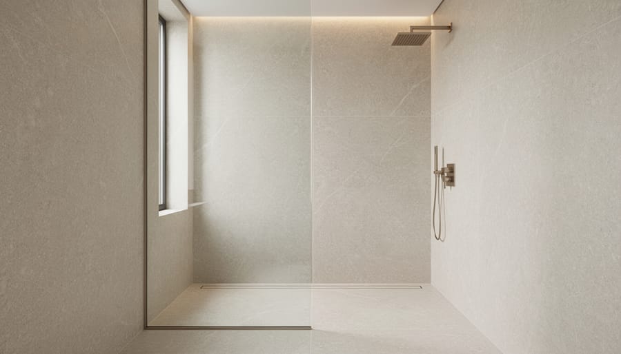 Luxury natural stone shower with large slabs and minimal grout lines