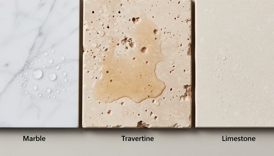 Natural stone samples showing marble, travertine, and limestone textures and surfaces