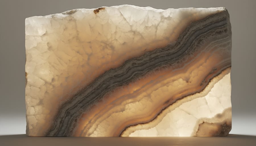 Close-up of backlit onyx stone showing translucent properties and natural veining