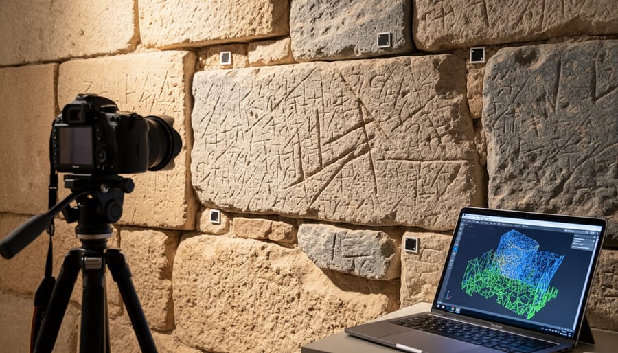 Restoration professional photographing historic stone details for 3D documentation